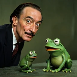 the salvador dali as emperor of universe and pepe the frog as a small statue | still frame from the movie by ridley scott with cinematogrophy of christopher doyle and art direction by hans giger, anamorphic lens, 8 k