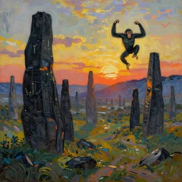 bright beautiful oil painting of a valley with giant black monoliths and a dancing primitive ape at sunset, light scatter, van gogh
