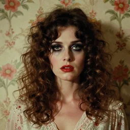 a beautiful but sinister woman in layers of fear, with haunted eyes and curly hair, 1 9 7 0 s, seventies, floral wallpaper, delicate embellishments, a little blood, crimson, painterly, offset printing technique, by william russell flint