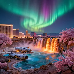 las vegas strip on danakil depression of the place with acid pools by hindenburg aircraft disaster during autumn interstellar rgb aurora borealis, blazing fire waterfalls, lush sakura, by peter mohrbacher, james jean, james gilleard, greg rutkowski, rule of thirds, octane render, beautiful