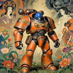 composition of and futuristic, warhammer, cyber armor, scars, storm, blue head, orange, green, mouldy juice, many mech flowers, the middle ages, highly detailed, artstation, in the style of moebius, jugendstil and classic japanese print, psychedelic, art by jean delville, vanessa beecroft, anka zhuravleva