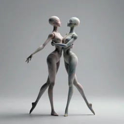 Two elegant humanoid creatures leaning against each other with their backs touching, fused at the shoulders, dancing on their pointy limbs. Award-winning digital art, trending on ArtStation