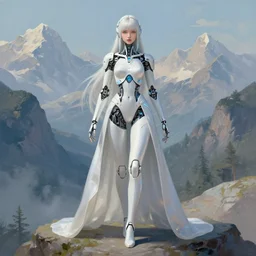 ethereal cybernetic princess in the mountains, extremely detailed, sharp focus, wide view, full body shot, smooth, digital illustration, by lisa perrin!!!!, dan mumford, james jean, by rossdraws, frank franzzeta, sakimichan, gouache background