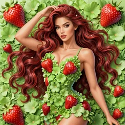the portrait of an absurdly beautiful, graceful, elegant, sophisticated woman made of strawberries and green petals, an ultrafine hyperdetailed illustration by kim jung gi, irakli nadar, fitness model, intricate linework, bright colors, octopath traveler, final fantasy, unreal engine 5 highly rendered, global illumination, radiant light, detailed and intricate environment