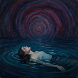 despair, drowning, loneliness. collapsing into spiral oblivion, the weeping visage of a longing dreamer in desolation. cosmic void, abyssal ocean depths, vibrant darkness, by jackson pollock and edvard munch and rebecca guay and carl critchlow. moody, murky. glimmering hopes last gasp in the endless waters. gouache painting.