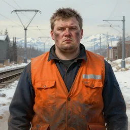 a russian railroad electrician!!!, male!!, wearing orange vest!!, siberia!!, portrait, 3 5, dirty, fat, ugly, intricate, elegant, highly detailed, digital painting, artstation, concept art, wallpaper, smooth, sharp focus, illustration, art by artgerm and greg rutkowski and alphonse mucha