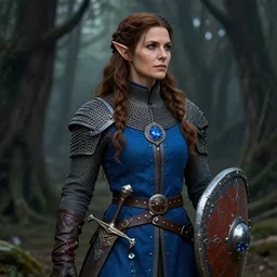 detail body portrait of pretty girl chain mail in the grim forest, blue surcoat, female, middle age, fantasy, digital art, award winning, scabbard, shield, round saphire medallion leather gloves, wide belt, elf, long weaving brown hair, celshading, sharp focus, intricate, looks right by loles romero, greg rutkowski, ilya kuvshinov