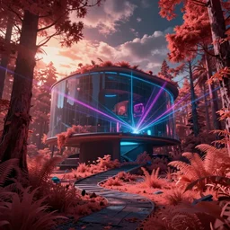 a beautiful very detailed render of unknown backroom level architecture nature by ludwig mies van der rohe, infrared san andreas thermal imaging forest neon signs sunlight retrowave at night rainforest lightpaint sunset laser cyberpunk tron uv light desert fantasy cloudy night, archdaily, wallpaper, highly detailed, trending on artstation.