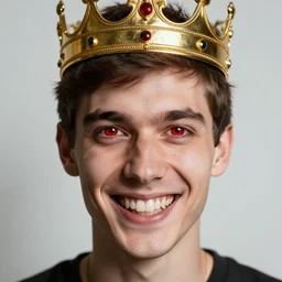 man with red colored eyes and a crown grinning