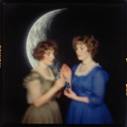 kodak portra 4 0 0, wetplate, muted colours, blueberry, 1 8 8 0 s style, motion blur, portrait photo of a backdrop, sparkling, halfmoon in space, by georges melies and by britt marling