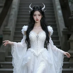 photograph of a real-life beautiful air witch with ornate white dress.  Extremely detailed. 8k