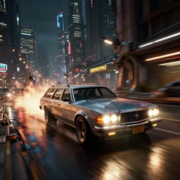 photo of combat mercury station wagon driving on wet dystopian cyberpunk city streets at night, rocket league, mad max, action, speed, volumetric lighting, hdr, gta 5, makoto shinkai, syd mead, craig mullins, cinematic, fast and furious, octane, 8 k, iso 1 0 0, 1 2 mm