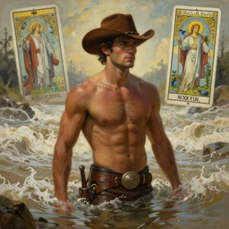an ethereal, epic painting of a handsome brown shirtless cowboy | background is a torrential flooding river | tarot!! card, art deco, art nouveau | by Mark Maggiori | trending on artstation