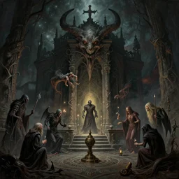 a lovecraftian painting of a demonic shrine, occult, moster summoning, warlocks, cosmic horror elements, ultra realistic, concept art, intricate details, eerie, highly detailed, photorealistic, octane render, 8 k, unreal engine. art by artgerm and greg rutkowski and alphonse mucha