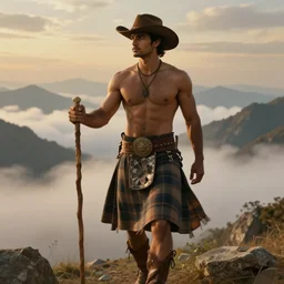 a dramatic epic beautiful ethereal painting of a handsome muscular shirtless desi cowboy in the mountains | he is wearing a plaid kilt and cowboy hat, and holding a walking staff | background is clouds and mountains! | dramatic lighting, golden hour, homoerotic, realistic, art nouveau | by mark maggiori | trending on artstation