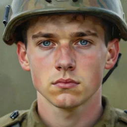 Closeup of a young soldier with blue eyes and brown hair, cinematic art, painting
