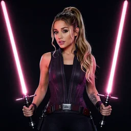 A hyper realistic photo of Ariana Grande in the Star Wars universe with two pink lightsabers held in each hand. Maximum detail on artstation, photo realism