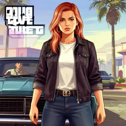 kristina pimenova in gta v, cover art by stephen bliss, artstation, no text