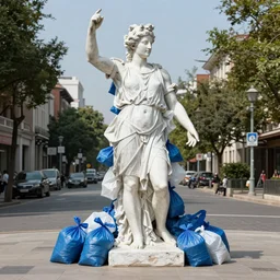 “Apollo statue made from plastic bags, installation on the city square, detailed, 4k photo, great light and shadows”