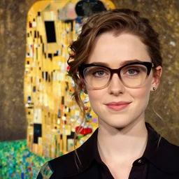 a portrait of female asa Butterfield mixed with pam beesly, a slight smile, she is wearing cat-eye glasses, by gustav klimt
