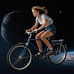 a girl riding a vintage blue bike into space, movie still, cinematic lighting
