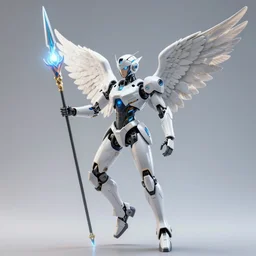 futuristic robot angel weilding a spear made of light, 8k, realistic, real life, 3d render, ultra 8k, hyper realistic, photo