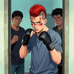 a young man of 2 5 years old, with a bruised face and bruises, is standing in a doorway in a boxer's stance, casual clothing style, details, daria kelly, ricky marts, sergio jimenez, david fincher film, manga style, hairstyle red mohawk, cold colors, comics style, 8 k