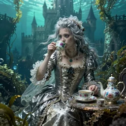 A messy, silver haired, (((mad))) princess from the 18th century, dressed in a ((ragged)), dirty, 18th century silver wedding dress, is ((drinking a cup of tea)),  in her right side is a porcelain tea set. Everything is in underwater (precious, scarry castle). mystical, atmospheric, greenish blue tones, water, seaweed and bubles, dreamlike, atmospheric, (((underwater lights))), underwater photography, inspired by Jakub Rozalski, John Everett Millais, Simon Bisley, Tapiró Baró and Monet