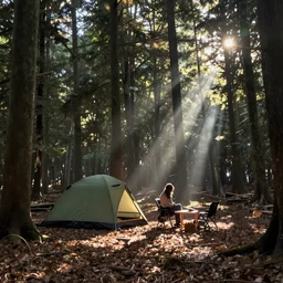 camping in the woods, beautifully lit