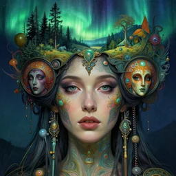 hyperrealistic detailed face portrait of the beautiful goddess of the northern lights with an intricate headgear of a beautiful landscape, art by ernst haeckel, john william godward, android jones, alphonso mucha, h. r. giger, gothic - cyberpunk, ornamental, beautiful deep colours,