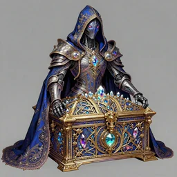 omnipotent treasure!!! assassin, matte concept art, intricate linework, precious! ornate! hooded cybernetic! colorful!!!! glowing gothic baroque magical armor cloak!, clear focus, iridescent!!!!! crystals!, realistic, wlop, chebokha, rutkowski, artgerm