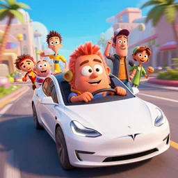 Live action Aqua teen hunger force movie, meatwad is driving a tesla, Greg Rutkowski, Darek Zabrocki, Karlkka, Jayison Devadas, Phuoc Quan, trending on Artstation, 8K, ultra wide angle, pincushion lens effect.