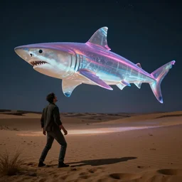a holographic projection of a huge colorful transparent shark appears in the desert at night, a man is stunned, by anton fadeev and jame paick, 8 k, unreal engine