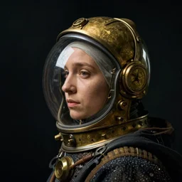 a woman's face in profile, wearing a glass space helmet with brass dials and a cloak, in the style of the dutch masters and gregory crewdson, dark and moody