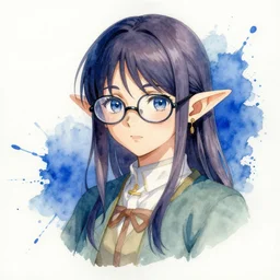 realistic anime illustration of an elf, watercolour, blue paint splash, girl with glasses, 4 k concept art, artstation