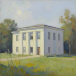 a beautiful painting of a building in a serene landscape by Bob Ringwood