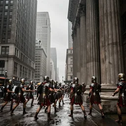 column of roman soldiers in rain attacking in New York city