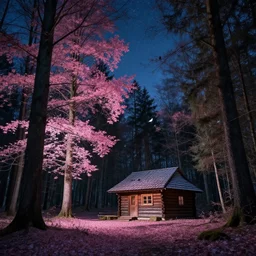 trees with pink leaves, forest cabin, birds, jakub rozalski, high detail, dramatic lighting, nightsky, stars