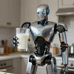 the robot mr. assistant codsword holds a faceted glass of milk in one of the manipulators, realism, reflections, metal body, in the kitchen, in the style of fallout 4,