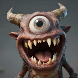 A creature with one big eye and a huge mouth. inside the mouth there are many sharp teeth. it's got two horns on the sides of its head and one of the horns is broken. it's body is humanoid like