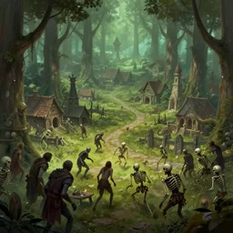 zombies and skeletons attacking an elven tree village in a beautiful forest, fantasy art, conceptart, dnd, artstation