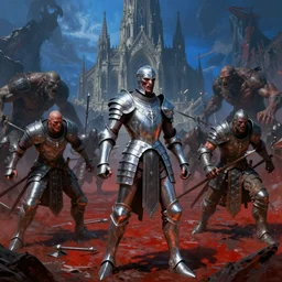 trailcam footage grotesque horrific stylistic vray 3 d render of silver ornate armor slim bodybuilder handsome warriors in battle!!, against orcs, mountains and giant gothic abbeys in the background, hyperrealism, fine detail, 8 k, artsation contest winner, high contrast color scheme, blue at the background red at the foreground!!!, fantasy art, cryengine, brush strokes, oil canvas by mandy jurgens and michael whelan