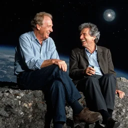 George Carlin and Carl Sagan laughing together at the edge of time, fantastical