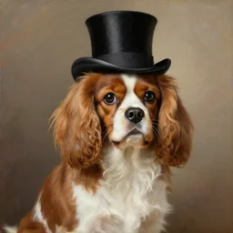 a cavalier king charles spaniel, wearing a top hat, dignified aristocrat, oil on canvas