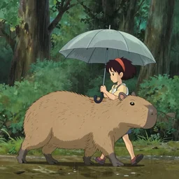 a young girl with her large pet capybara walking through the forest, raining, holding umbrella, side view, art by hayao miyazaki, studio ghibli film, 4k, hi res, high detail