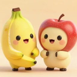 a couple of cutest banana and apple fruitties being friends, pixar, cgi, 4 k, vivid, symmetrical, hyperdetailed