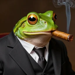 a high detail closeup shot of a  frog wearing a suit 👔,and smoking a cigarrette🚬, Rembrandt