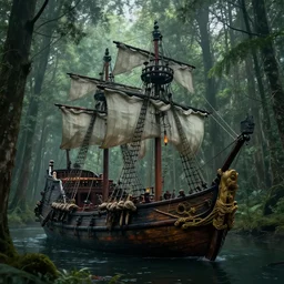 a pirate ship in a forest, atmospheric lighting
