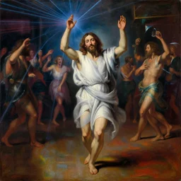 oil painting of Jesus dancing drunk at a club, RGB floor, lasers, motion blur, very detailed oil on canevas, renaissance