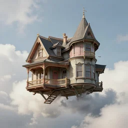 flying house victorian style race\'s,  clouds, style Gediminas Pranckevicius, realistic, many details, Ultra detailed, octane render